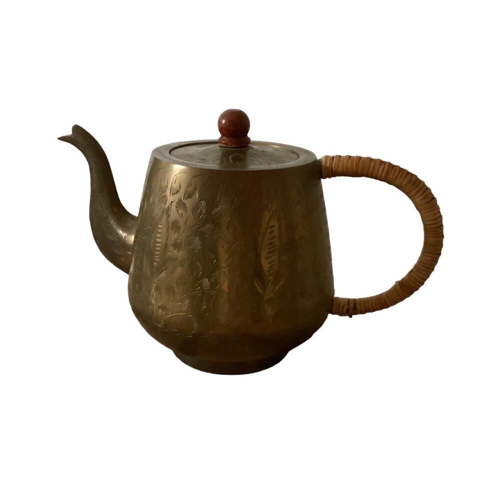 Etched Brass Vintage Teapot Woven Wrap Handle India Marked